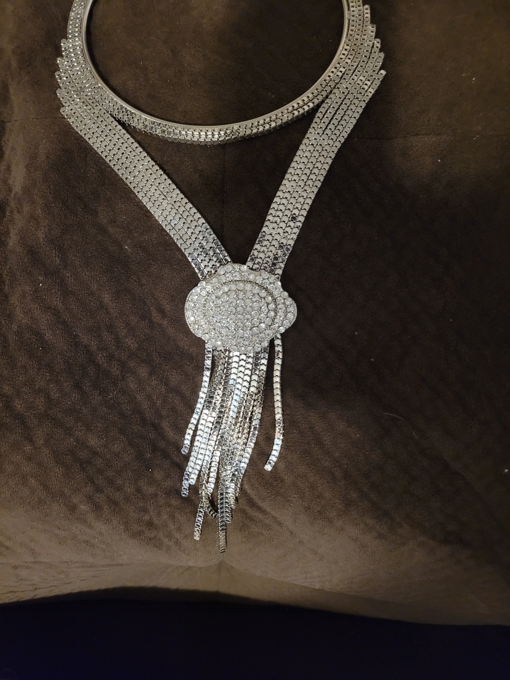 Elegant Silver Crystal Fringe Necklace - Silver